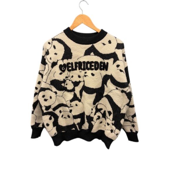 Aelfric Eden Men’s M Oversized Panda Sweater Black Cream Graphic Knit Pullover - Picture 1 of 10
